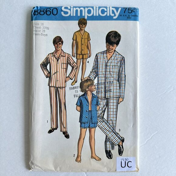 1970s Simplicity Sewing Pattern 8860 Pajamas Boys Size 16 V-Neck Button UNCUT - Picture 1 of 2